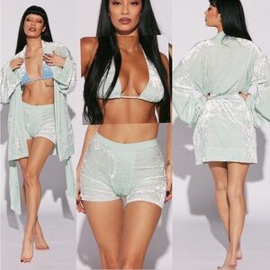 Laina Rauma MINT CRUSHED VELVET 4pc ROBE, Halter bra, boxer shorts, thong medium